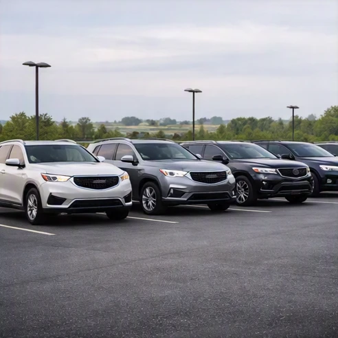Side-by-side row of 2022 compact and midsize luxury SUVs parked for a price and MPG comparison