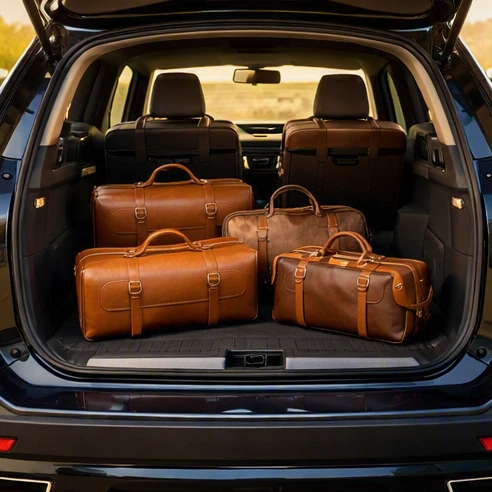 Spacious open trunk of a modern luxury SUV loaded with neatly organized high-end leather travel luggage