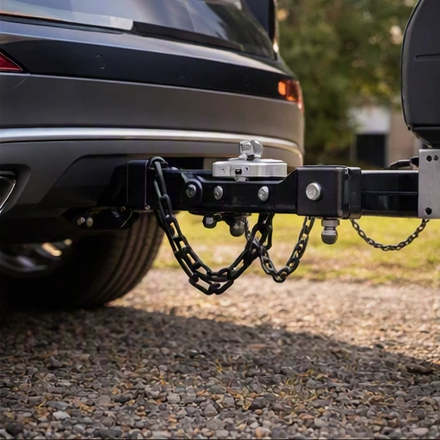 Rear hitch of a midsize luxury SUV connected to a small utility trailer on a gravel driveway
