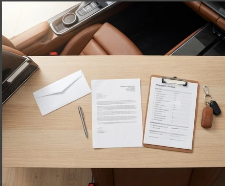 Luxury vehicle purchase documents and inspection papers arranged for dealer evaluation