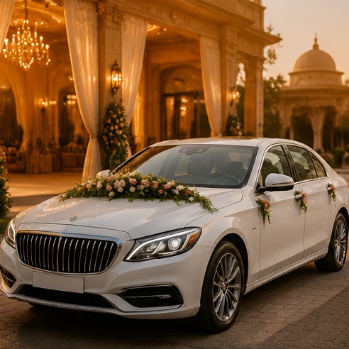 Decorated white luxury sedan arriving at a Pune wedding venue for premium car rental guest transport