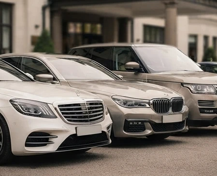 Luxury wedding cars like Mercedes-Benz S-Class, BMW 7 Series, and Range Rover Vogue lined up for a wedding event