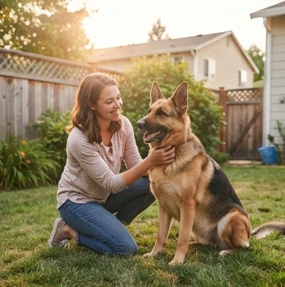 A person calmly meeting a friendly German Shepherd outdoors during a private rehoming introduction in a yard