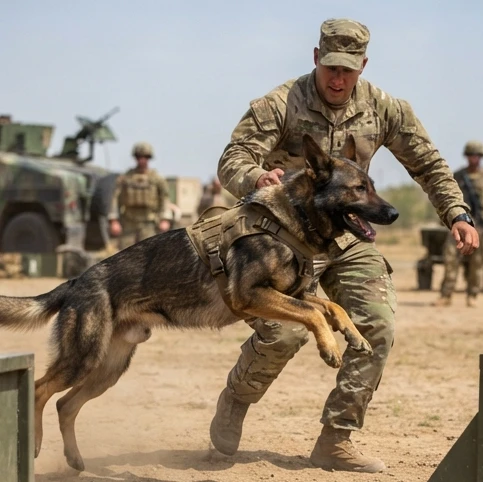 Megan Leavey and Rex military dog partnership shown in a realistic wartime setting with handler connection