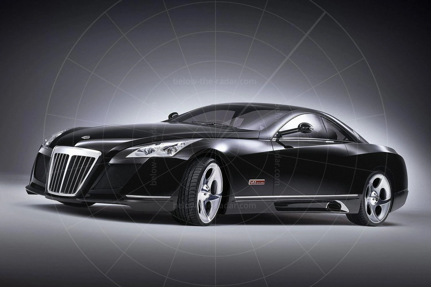 A rare one-off high-performance luxury concept car with a dramatic long hood and sweeping aerodynamic body lines in a studio setting