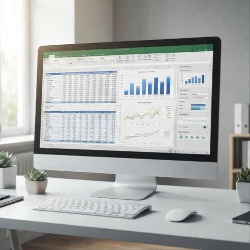 Microsoft Office 2019 Excel workspace showing organized spreadsheets, charts, formulas, and data analysis tools on a desktop computer