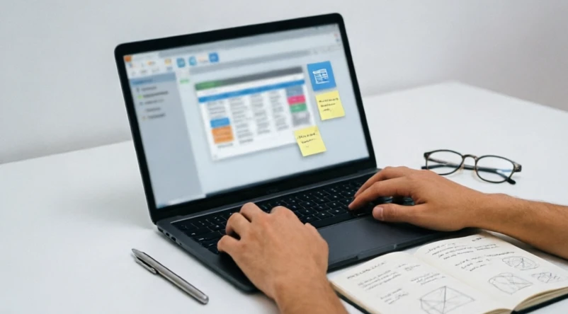 Computer workspace displaying spreadsheet analysis alongside office productivity tools in a clean environment