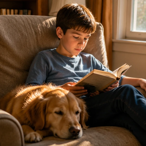 A child reading an engaging middle-grade animal novel in a cozy, sunlit room with a friendly dog resting nearby