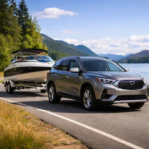 Midsize luxury SUV towing a boat trailer along a lakeside road on a clear afternoon