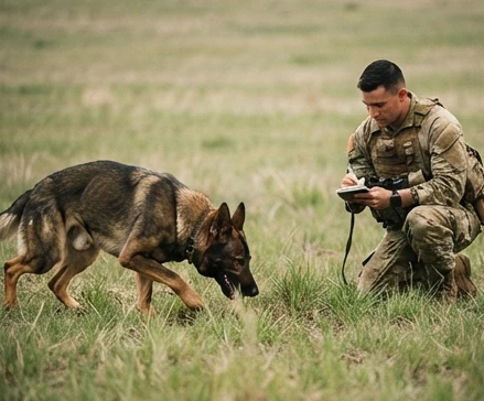 Checklist-style scene of a military working dog performing a detection task beside a handler reviewing notes