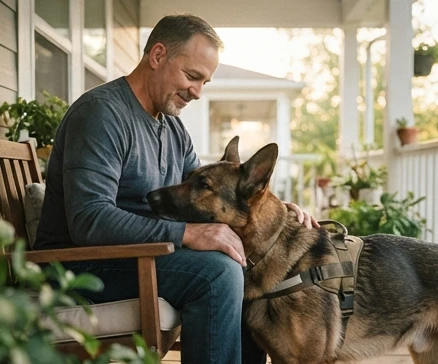 Military working dog resting its head on a recovering handler's lap in a quiet family setting after deployment