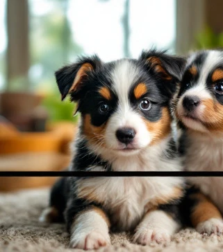Mini aussie puppies for sale near me shown in a healthy home setting with happy, well-socialized dogs