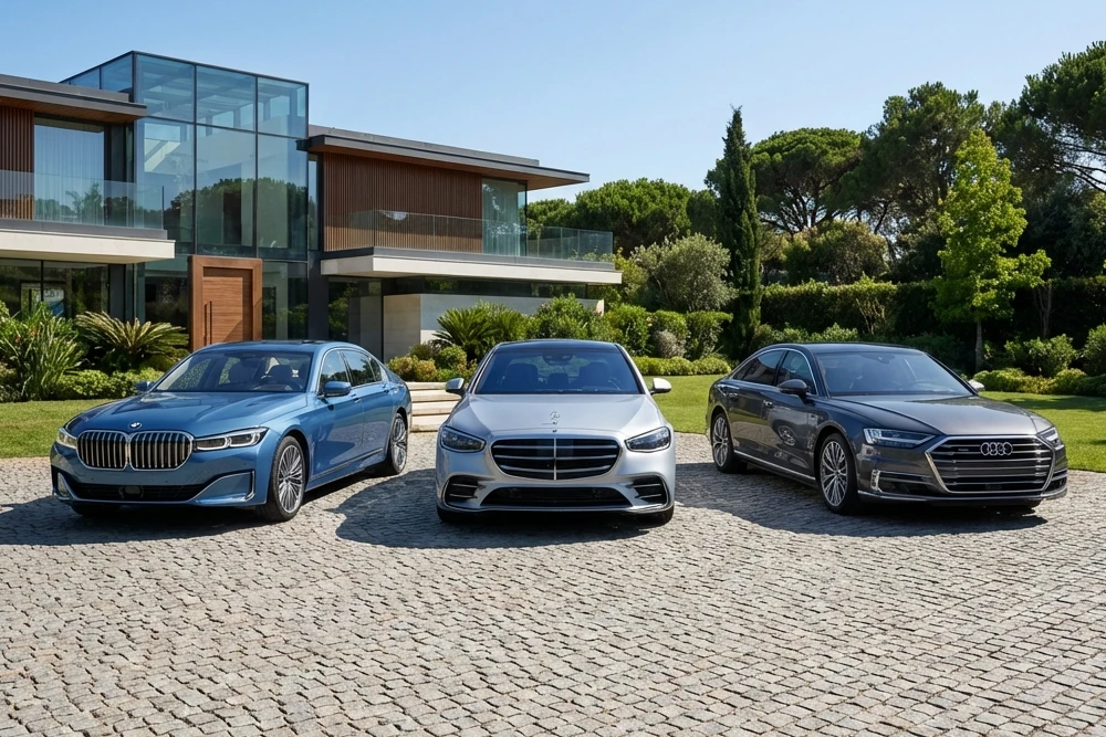 Modern premium luxury performance sedan driving on a clean suburban highway