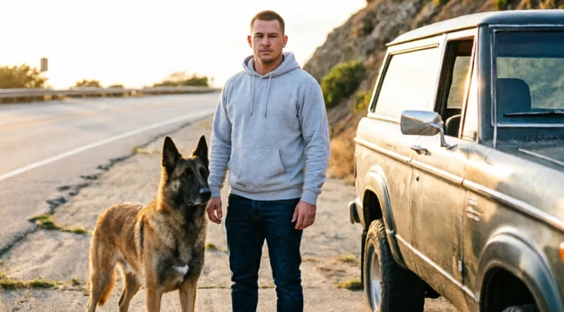 Channing Tatum standing beside a Belgian Malinois military working dog next to a 1984 Ford Bronco on a coastal highway