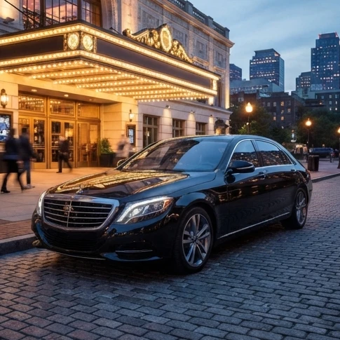 A sleek luxury sedan parked outside a modern venue under evening lights representing nice cars to rent for prom