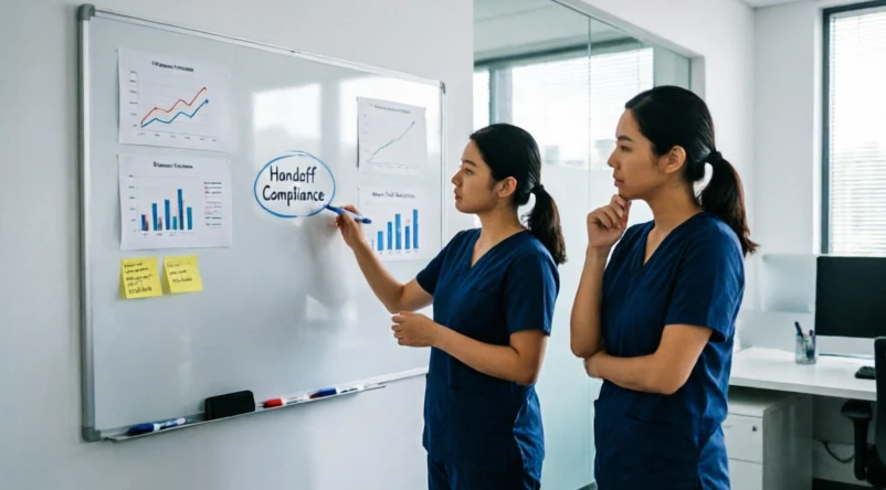 Nursing team analyzing quality and safety improvement metrics during a workplace review process