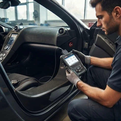 Mechanic using an OBD scanner to check the engine and transmission of a supercar