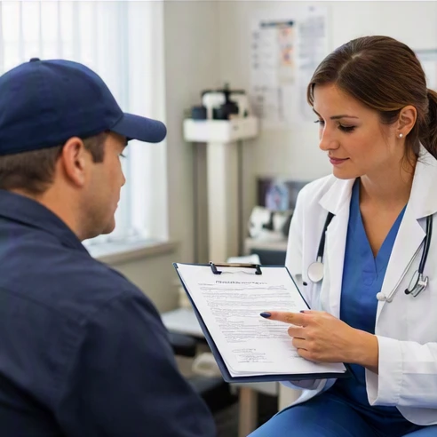 Healthcare professional conducting workplace health evaluation for occupational medicine services with employee
