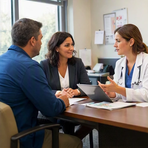 Employer and employee discussing workplace health service options during occupational medicine consultation