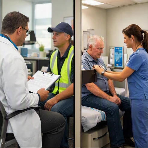Comparison concept showing workplace health consultation and general medical care environments