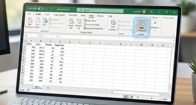 Excel 365 with the Data Analysis ToolPak ribbon button visible