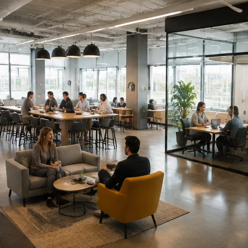 Modern office setting representing different slang word for office categories through varied work areas and team interactions