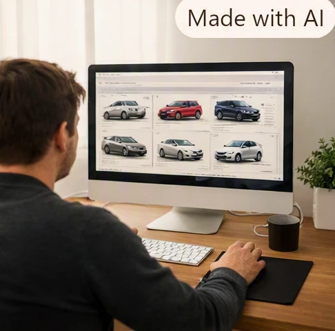 Person browsing online used car listings and vehicle marketplace photographs on a smartphone or laptop computer screen