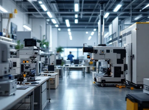 Manufacturing quality review scene with optical components, inspection tools, and production evidence