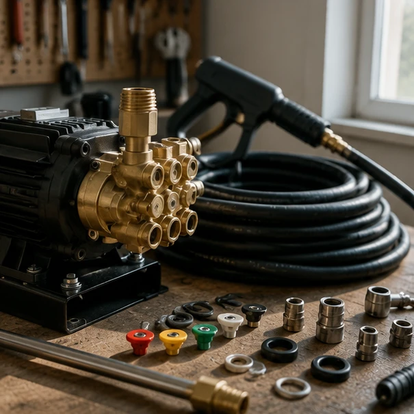 Essential parts for Excell pressure washer with pumps, hoses, and fittings organized for repair