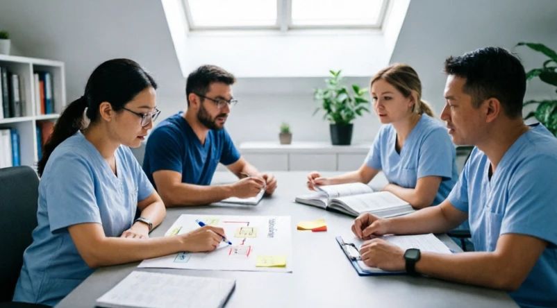 Healthcare professionals reviewing Pathway to Excellence standards evidence with workplace indicators and documentation