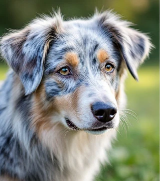 Pictures of blue merle Australian Shepherd showing a blue-gray coat with mottled patches, markings, and distinctive eyes