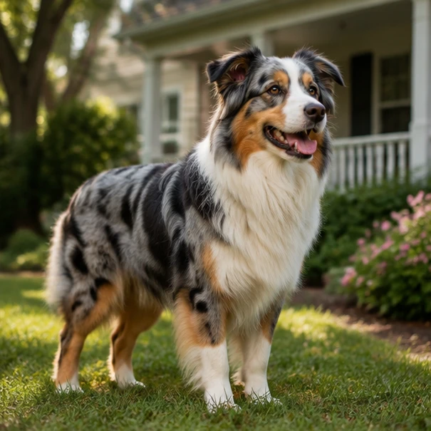 pictures of full grown australian shepherds showing mature coat, balanced frame, and adult proportions