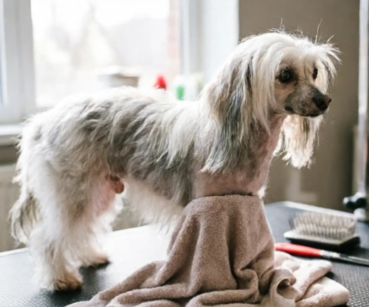 Chinese Crested Powder Puff after bathing with wet coat preparation for careful drying and separation
