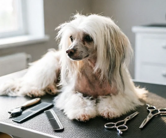 Chinese Crested Powder Puff grooming sequence with brushing, bathing, drying, and trimming preparation