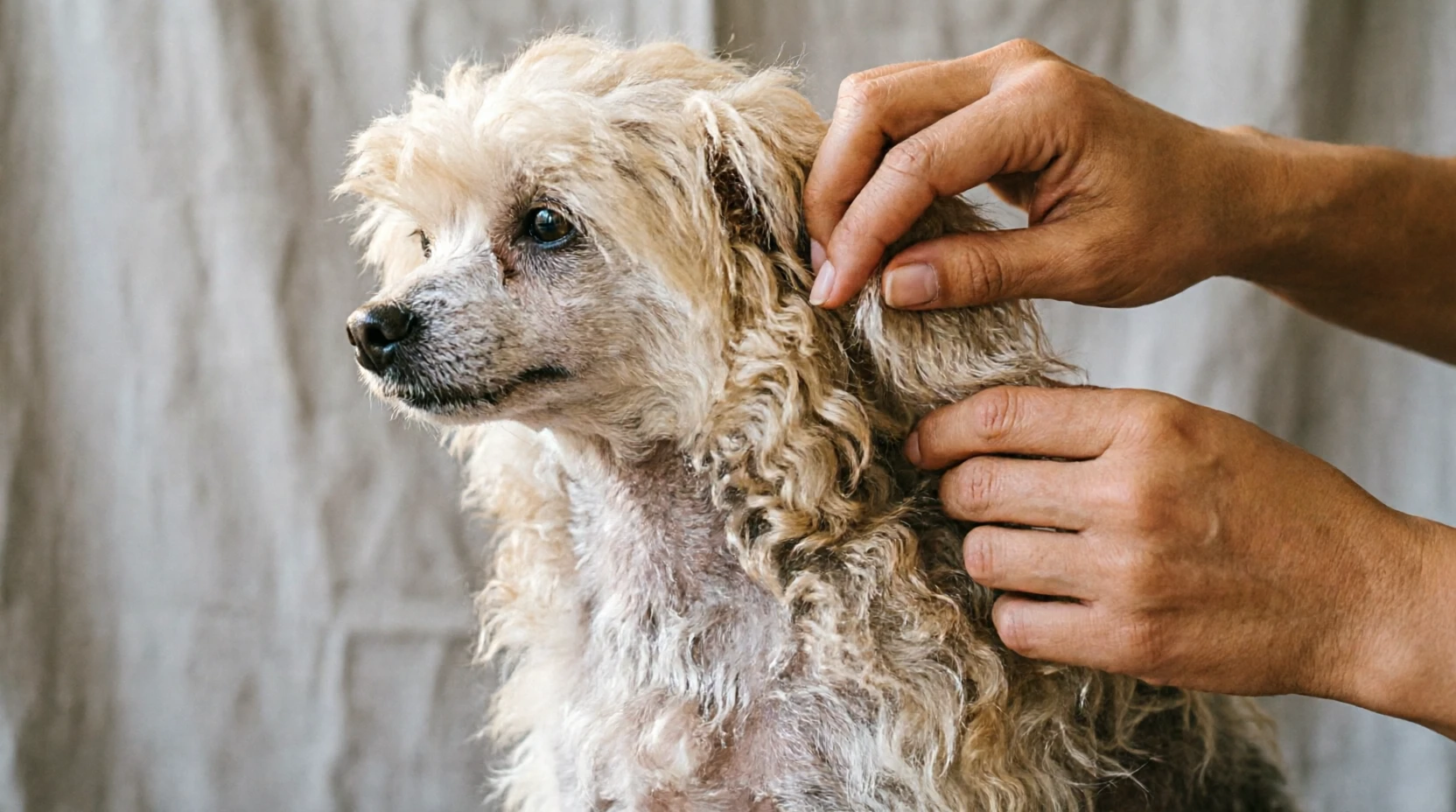 Chinese Crested Powder Puff coat inspection while carefully addressing a small mat near the hair surface
