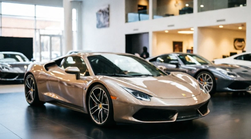 Pre owned super cars displayed in an upscale showroom setting with luxury vehicles ready for inspection and purchase