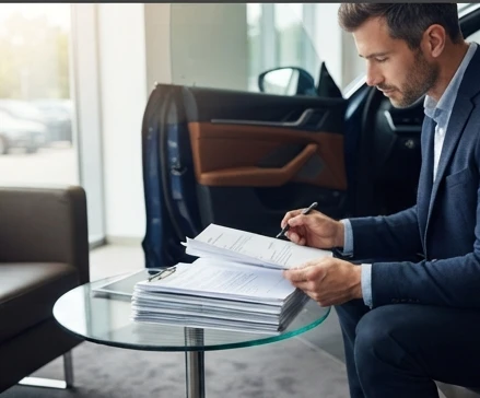 Luxury Auto Sales Inc buyer reviewing premium vehicle condition records beside a luxury car