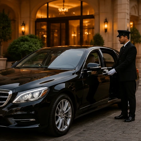 Glossy black sedan for premium car rental in Pune waiting with a uniformed chauffeur at dusk