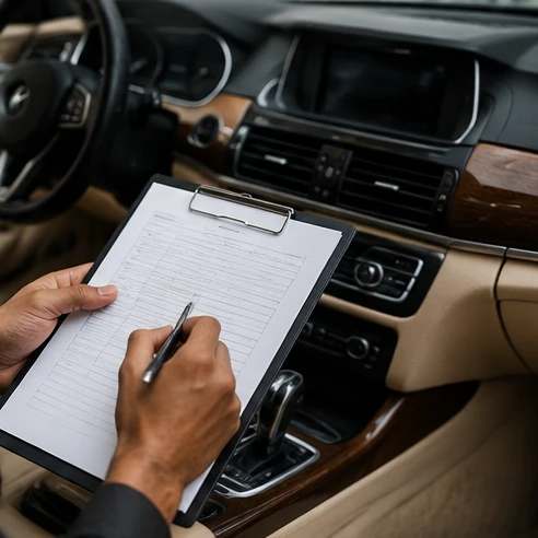 Luxury vehicle maintenance records and inspection details arranged for buyer review