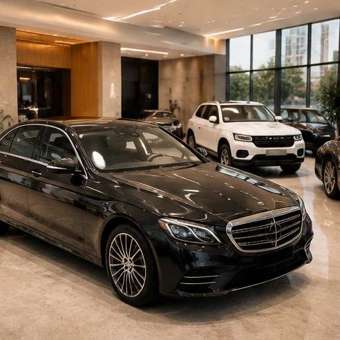 Premium cars for sale in Hyderabad featuring a polished luxury vehicle selection in a modern showroom setting