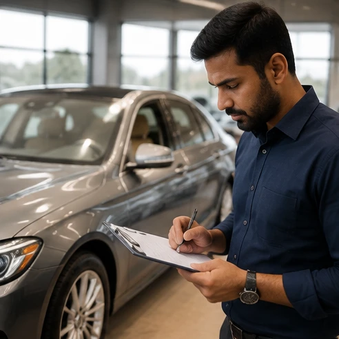 Luxury car buyer reviewing a practical shortlist checklist beside a premium vehicle in Hyderabad