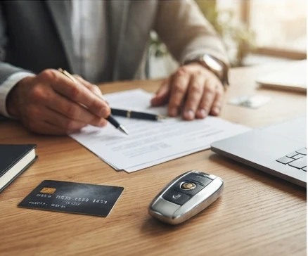 Traveler reviewing premium rental car payment details with credit card and booking documents