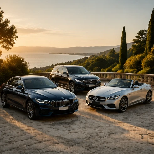 Premium rental car types with upscale sedans, SUVs, and convertibles ready for comfortable American road trips