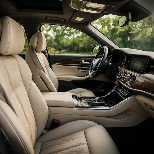 Refined premium rental car cabin with comfortable seats and advanced interior features visible for travelers
