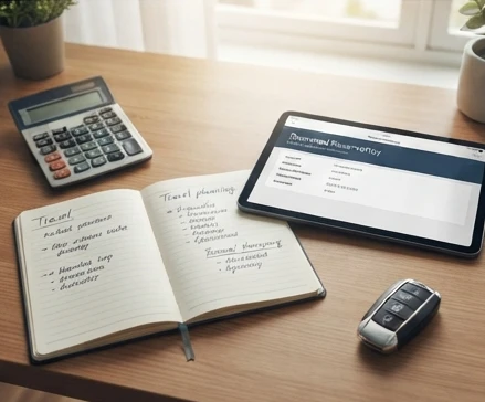 Rental cost planning with calculator, travel documents, and premium vehicle budget notes