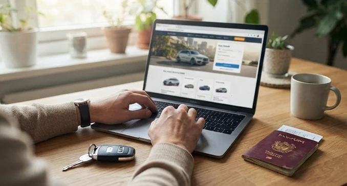 Traveler comparing premium rental deals on laptop with vehicle options nearby
