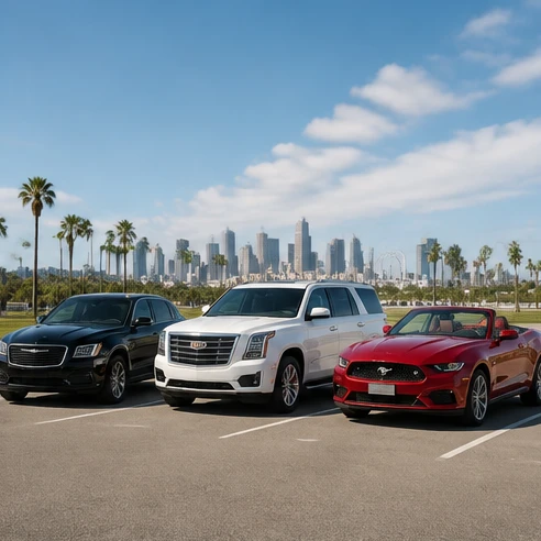 Premium sedan SUV and convertible rental categories displayed as distinct vehicle choices for travelers