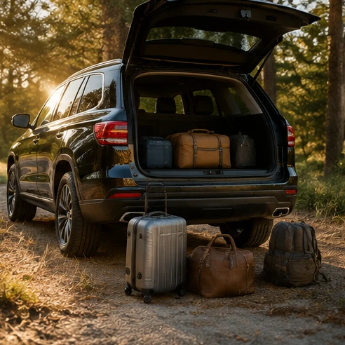 Premium SUV rental vehicle with family luggage arranged beside a spacious cargo area