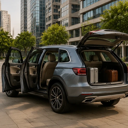 Spacious premium SUV with open rear doors showing extra legroom for family and corporate travel in Pune