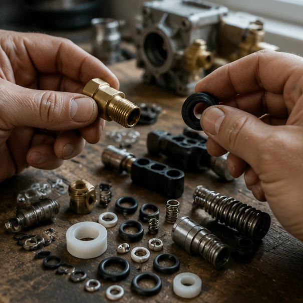 Pressure washer replacement parts including hose, spray gun, nozzle tips, seals, and fittings arranged for identification